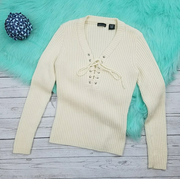 Moda International Sweaters - Moda International Cream Ribbed Lace Up Sweater